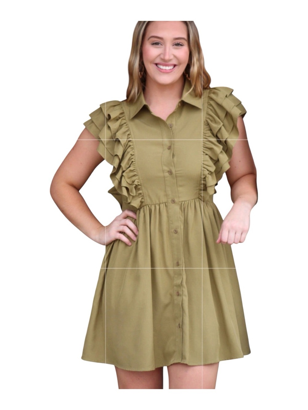Entro Olive Green Western Prairie Ruffle Sleeve Button Front Mini Dress SzL